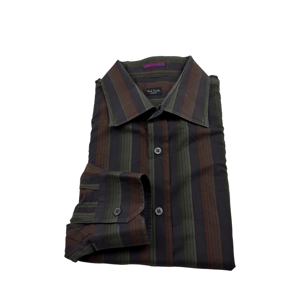 Paul Smith London Mens Striped Button Up Shirt Brown Green Italy Size 18 45
